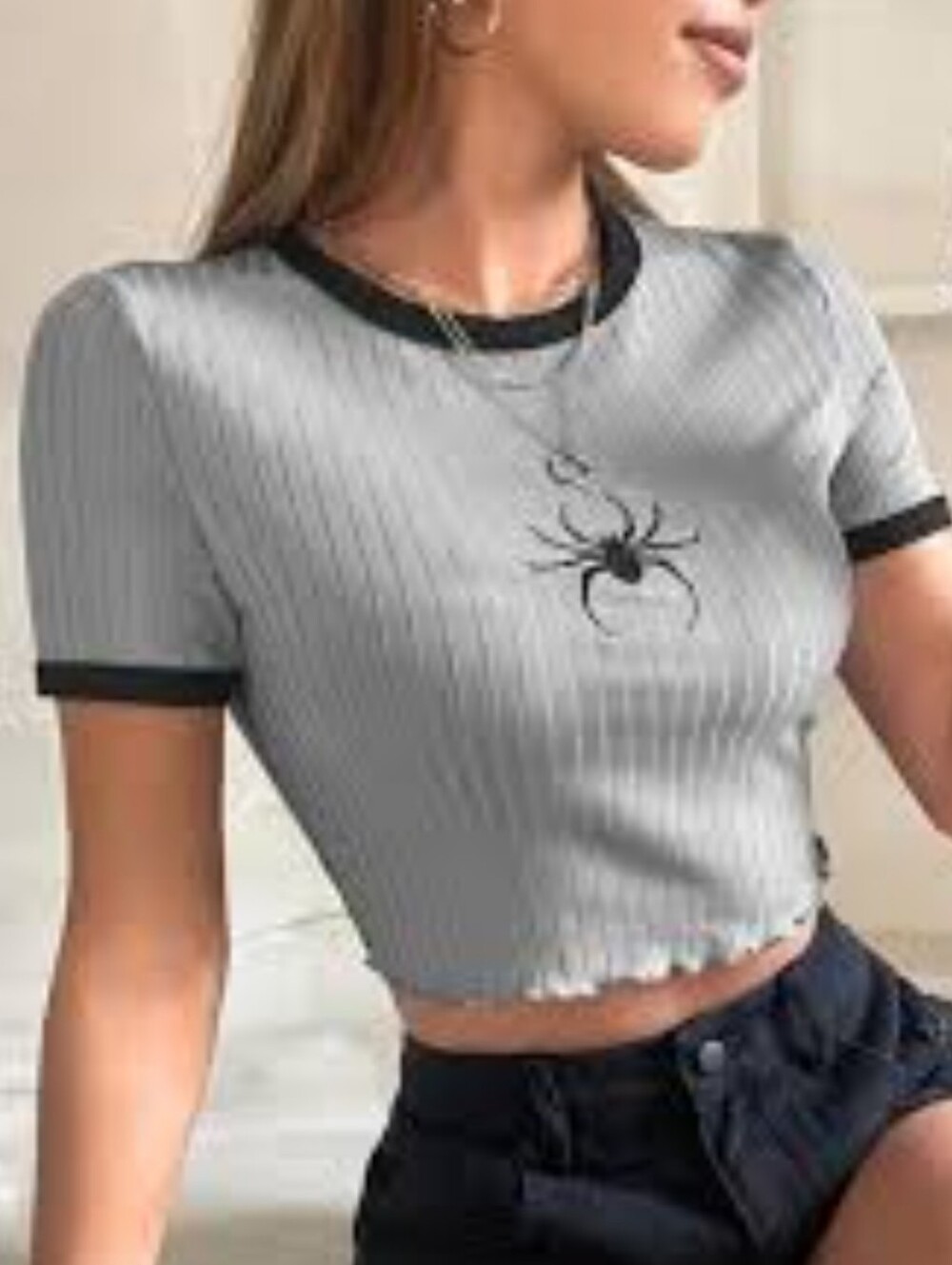 SHEIN Gray Crop Top with Spider Graphic
